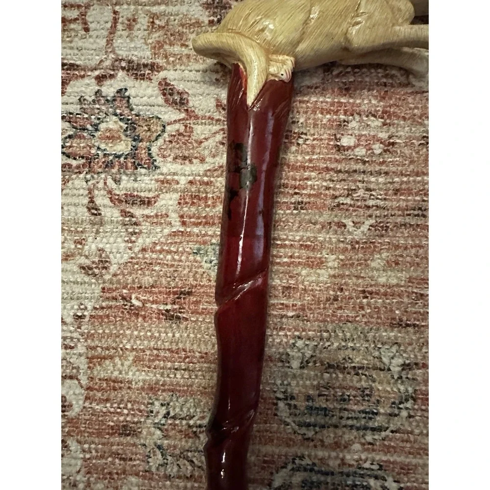 Hand Carved Dog Handle, Walking Stick 34 Inch Twist Shaft + Folk Art Cane Money